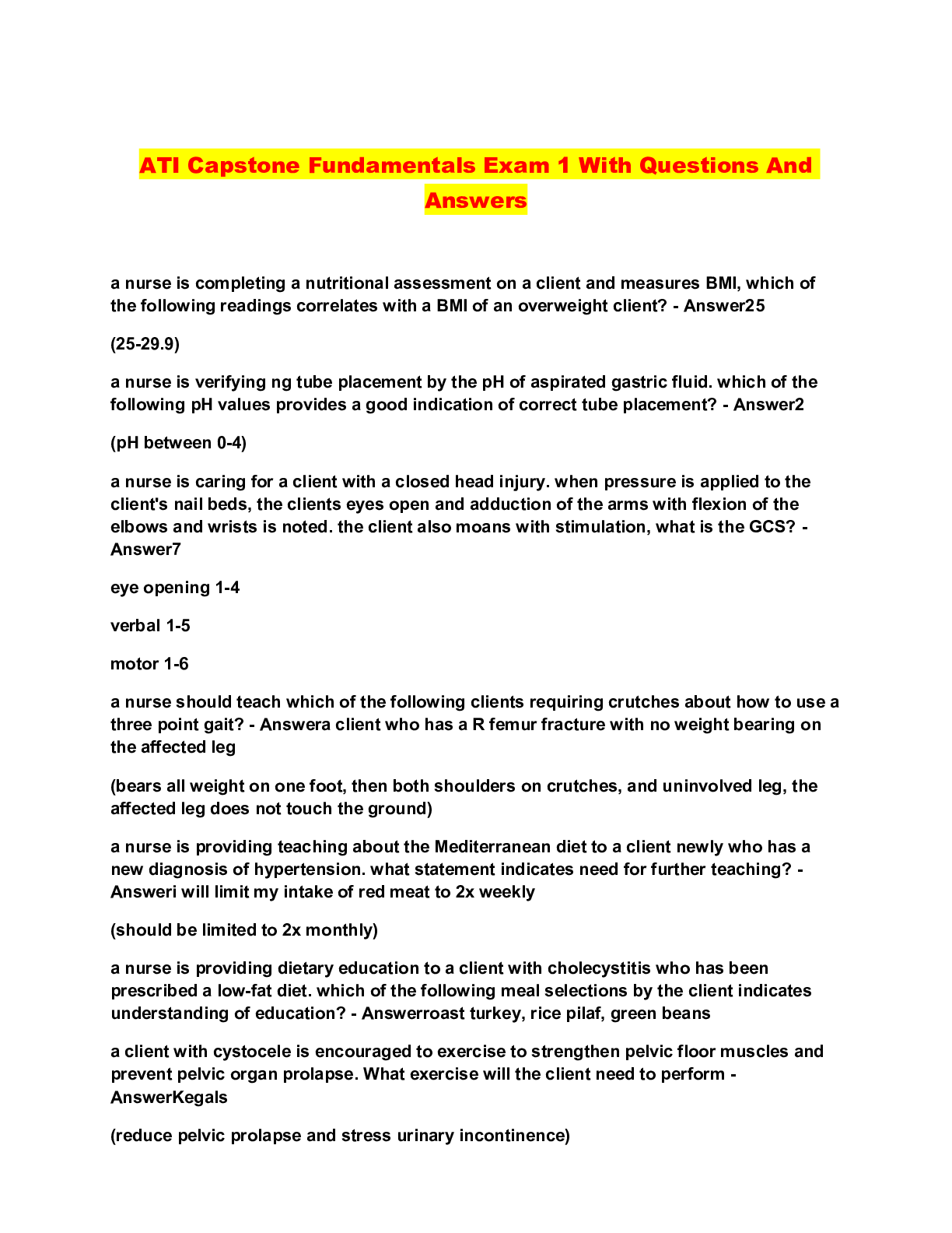 Preview of ATI Capstone Fundamentals Exam 1 With Questions And Answers